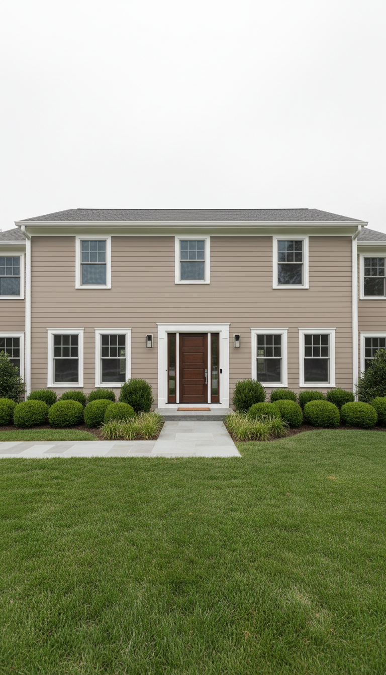 An exterior view of a modern Cincinnati home with freshly painted taupe siding and immaculate, bright white trim. The house is surrounded by manicured shrubs and a minimalist stone path, exemplifying residential curb appeal. Overcast daylight gently envelops the scene, minimizing harsh shadows and enhancing the evenness of the colors. The camera is set at a slightly elevated angle to showcase the home’s symmetrical facade and the precise, professional finish of the paintwork. The image style is crisp and corporate, reinforcing trust and high standards. The mood is welcoming yet impressively polished.